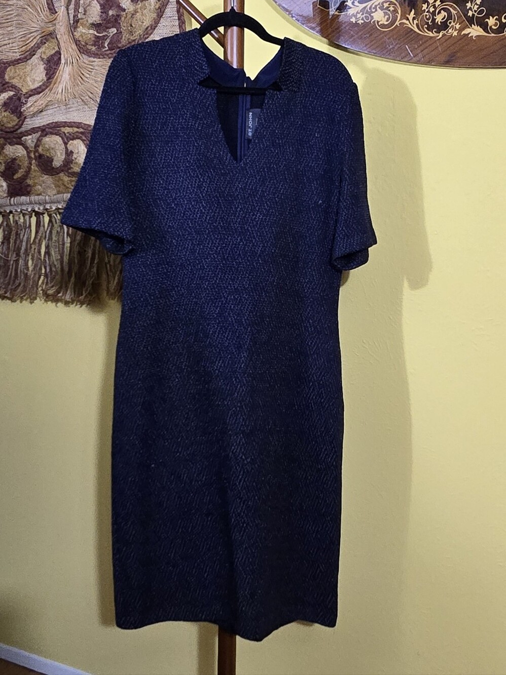 St. JOHN Classic Short-Sleeve V-Neck Tweed Dress - Navy Sz L